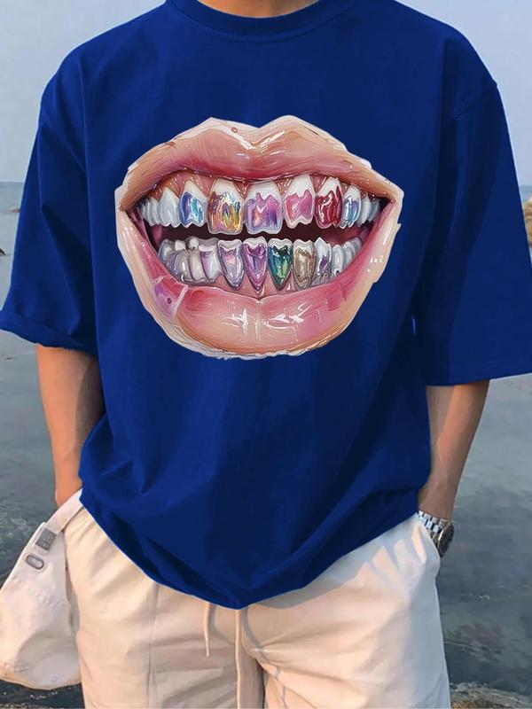 Men's Cartoon Smile Lip Print Drop Shoulder Tee, Regular Fit Casual Short Sleeve Round Neck T-shirt for Summer, Men's Top for Daily Wear