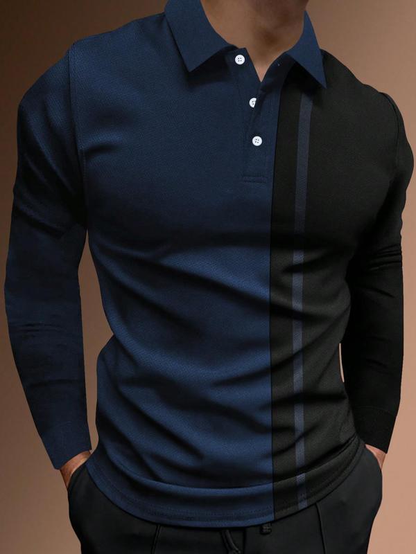 Men's Patchwork Print Half Button Polo Shirt, Regular Fit Casual Long Sleeve Collared Top, Polo Shirts Men, Fall Outfits, Back To School Outfits, Fall Going Out Tops, Men's Clothing, Polo Tees, Fashion Men's Clothes for Daily Wear