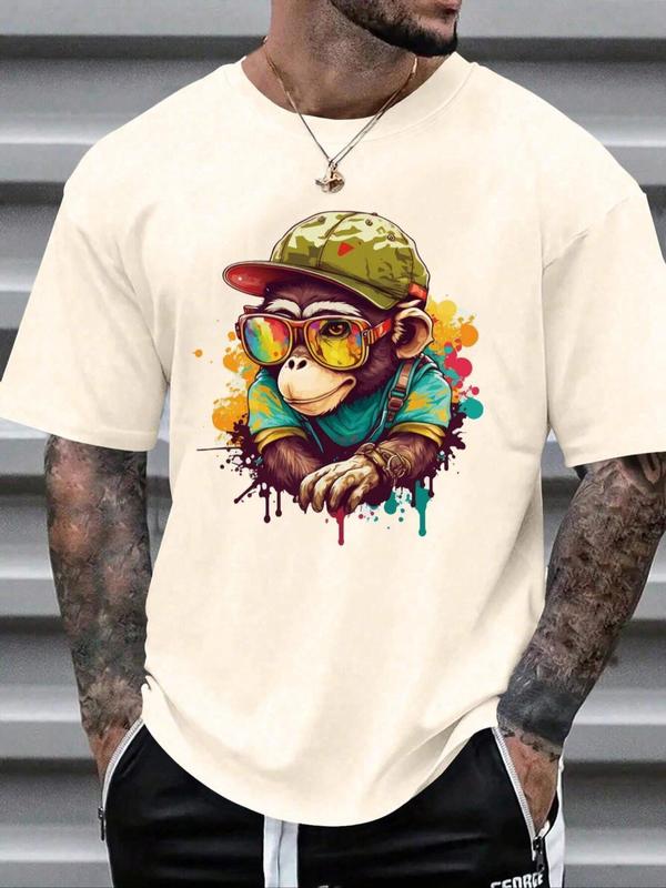 Men's Cartoon Monkey Print Drop Shoulder Tee, Regular Fit Casual Street Soft Comfy Round Neck Half Sleeve T-Shirt for Summer, Menswear for Daily Wear