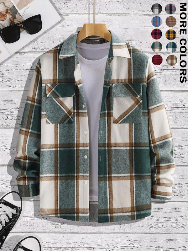 Men's Plaid Print Button Front Pocket Shirt, Regular Fit Casual Long Sleeve Collared Top for Fall, Going Out Outfit 2024, Men's Fall Clothes, Vintage Clothing, Fall Outfits