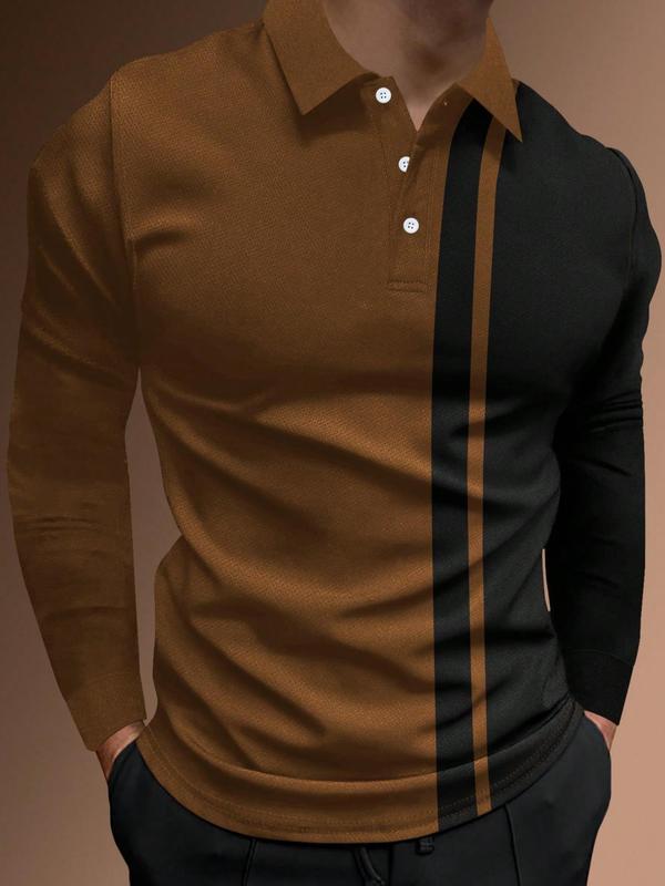 Men's Patchwork Print Half Button Polo Shirt, Regular Fit Casual Long Sleeve Collared Top, Polo Shirts Men, Fall Outfits, Back To School Outfits, Fall Going Out Tops, Men's Clothing, Polo Tees, Fashion Men's Clothes for Daily Wear