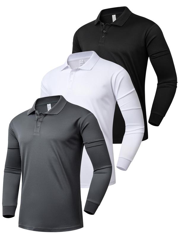 Men's Solid Long Sleeve Sports Polo Shirt, Casual Breathable Quick Drying Collared Top for Golf Outdoor Sports, Men's Sportswear for Fall & Winter