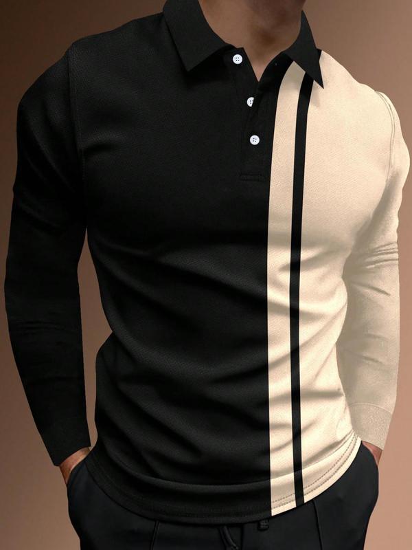 Men's Patchwork Print Half Button Polo Shirt, Regular Fit Casual Long Sleeve Collared Top, Polo Shirts Men, Fall Outfits, Back To School Outfits, Fall Going Out Tops, Men's Clothing, Polo Tees, Fashion Men's Clothes for Daily Wear