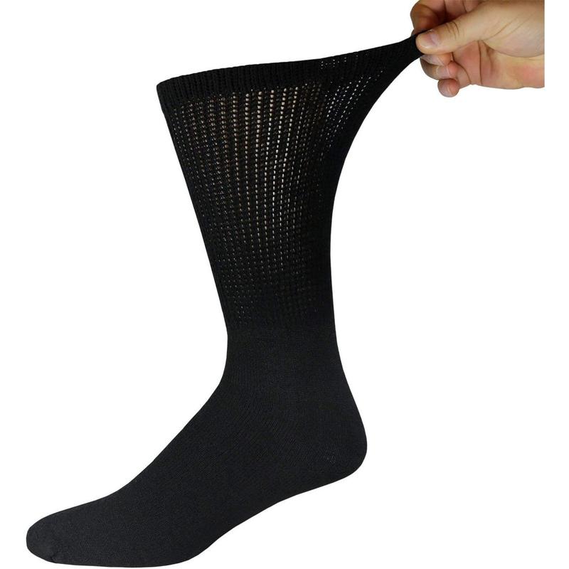 6 Pairs of Cotton Diabetic Non-Binding Neuropathy Crew Socks (Black, Fits Mens Shoe Size 9-12 Womens Shoe Size 10-13)