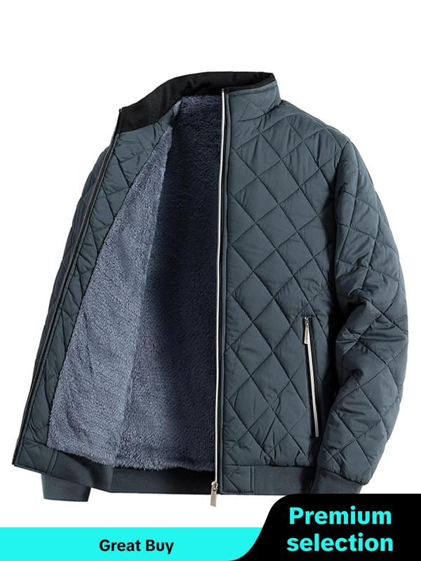 Men's Plain Quilted Zip Up Pocket Winter Coat, Regular Fit Casual Long Sleeve Stand Collar Outerwear for Winter, Men's Clothing, Men's Clothes for Daily Wear Winter Jacket