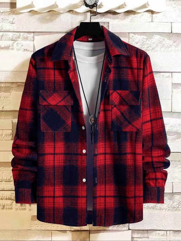 Men's Plaid Print Button Front Pocket Shirt, Regular Fit Casual Long Sleeve Collared Top for Fall, Going Out Outfit 2024, Men's Fall Clothes, Vintage Clothing, Fall Outfits