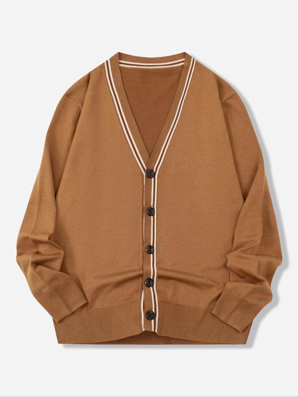 Men's Striped Trim Button Front Cardigan, Loose Casual Drop Shoulder V Neck Knitwear for Spring & Fall, Fashion Men's Knit Clothing for Daily Wear