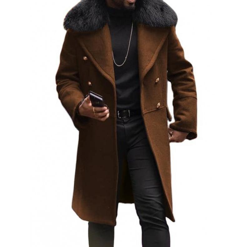 [Multicolor] Upgraded Version Casual Woolen Coat Solid Color Slim Double Breasted Men's Coat Fur Collar