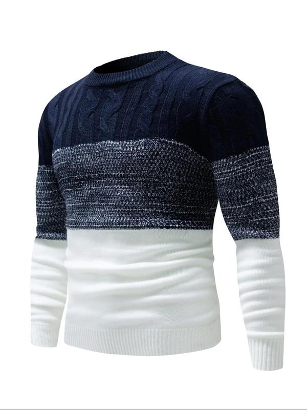 Men's Regular Fit Patchwork Round Neck Sweater, Casual Long Sleeve Crew Neck Jumper for Fall & Winter, Fashion Men's Knitwear for Daily Wear