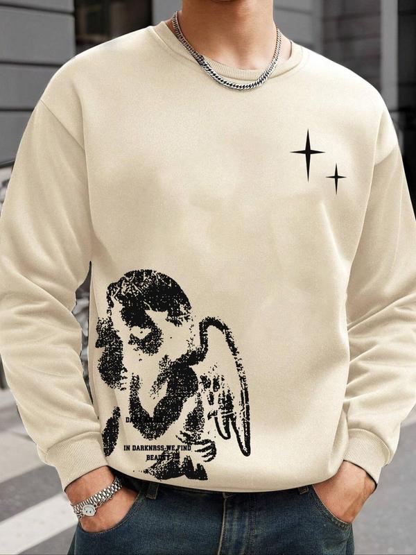 Men's Angel & Letter & Stars Print Round Neck Thermal Lined Sweatshirt, Regular Fit Casual Long Sleeve Crew Neck Pullover for Fall & Winter, Fashion Men's Top for Daily Wear