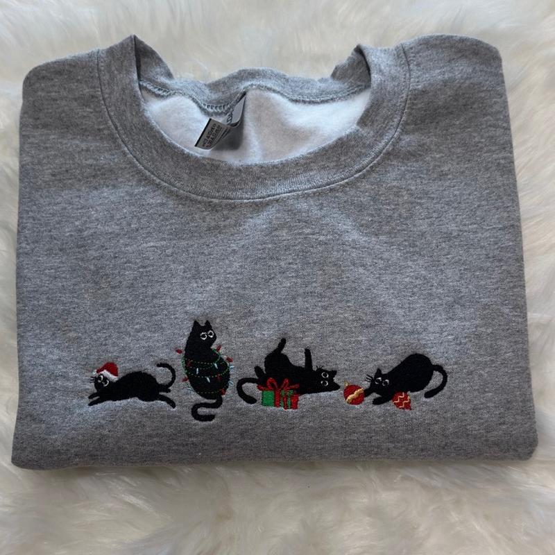 EMBROIDERED Black Christmas Cats Sweatshirt - Meowy Christmas Cats Embroidered Unisex Sweatshirt Black Cats, Cats Gift sweatshirt, Christmas cats