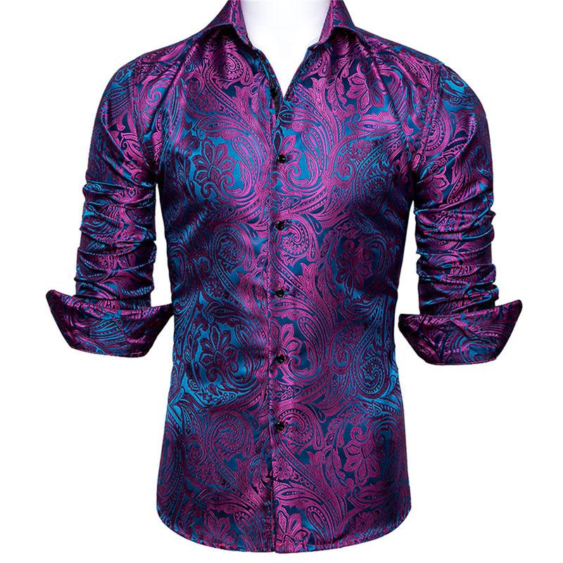 Self-Design Men's Luxury Formal Casual Dark Purple Long Sleeve Dress Shirt Paisley Floral Printed Button Down Shirts for Party Prom