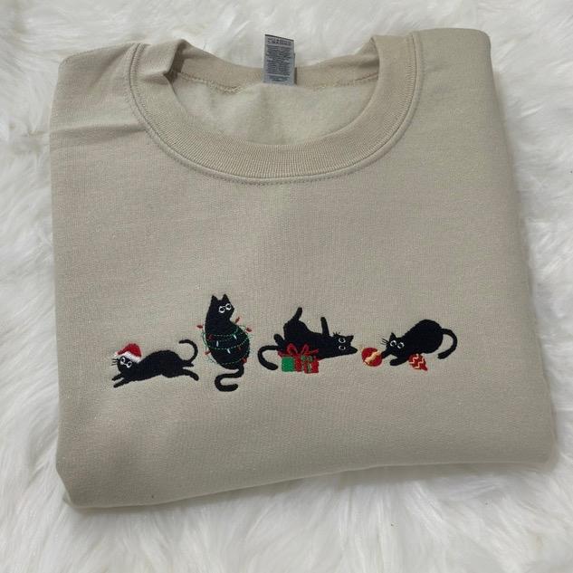 EMBROIDERED Black Christmas Cats Sweatshirt - Meowy Christmas Cats Embroidered Unisex Sweatshirt Black Cats, Cats Gift sweatshirt, Christmas cats