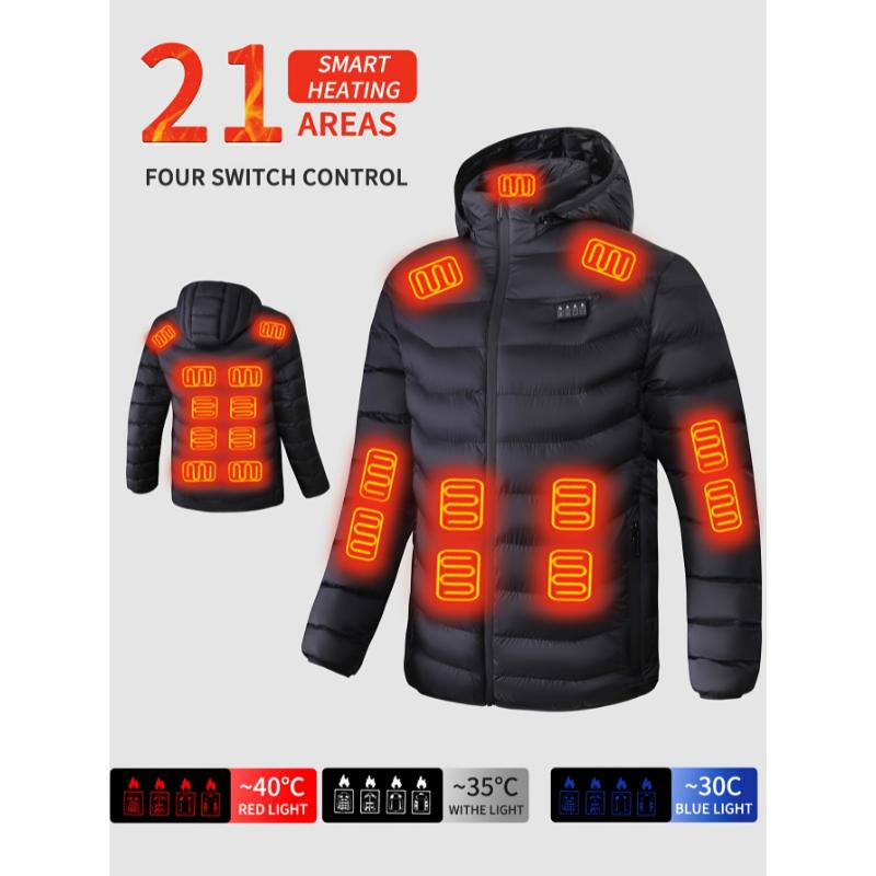 A Men's Smart Heated Jacket With 21 Heating Zones, 4 Levels Of Temperature Control, Hooded Polyester Jacket, Mixed Materials, Non-elastic Solid Color Autumn winter Jacket, Zipper Closure christmas 2024 ornament glass cleaner Cotton Menswear Silk Coats