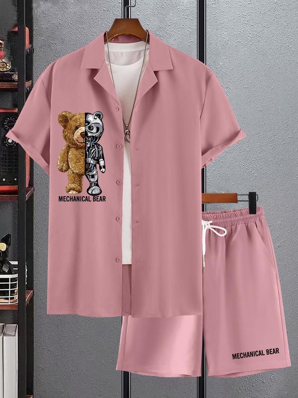 Two-Piece Set Men's Cartoon Bear Print Pocket Design Shorts Set, Casual Button Front Shortsleeve Shirt & Drawstring Shorts, Fashion Streetwear Men Outfits for Summer Formal Wear, Menswear Suits