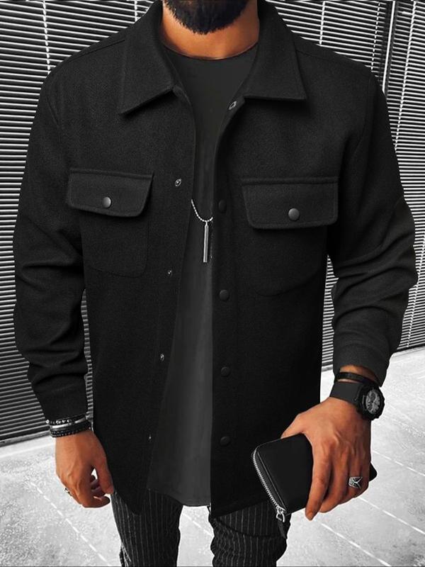 Men's Plain Long Sleeve Jacket, Men Designer Clothes, Casual Classic Button Front Flap Pocket Collared Outerwear for Fall, Designer Jacket Streetwear for Fall, Going Out Tops, Fall Outfits, Earthtone Fallfreshness