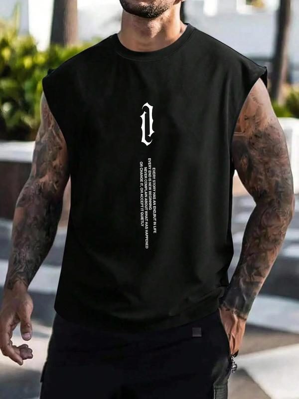 Men's Letter Print Round Neck Tank Top, Regular Fit Casual Sleeveless Crew Neck Top for Summer, Fashion Men's Top for Daily Wear