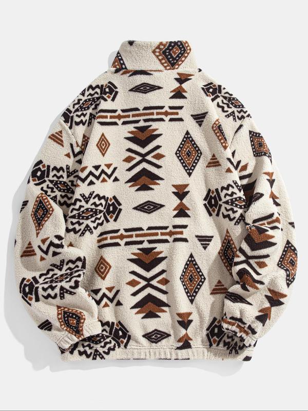 Men's Ethnic Pattern Zip Up Plush Sweatshirt, Casual Long Sleeve Pocket Collared Pullover for Winter, Fashion Men's Clothes for Daily Wear