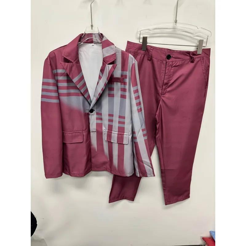 Men's Blazer Set Fashion Colorblock Plaid Lapel Collar Button Blazer & Pants 2Pcs Set Male Business Casual Prom Suit for Men