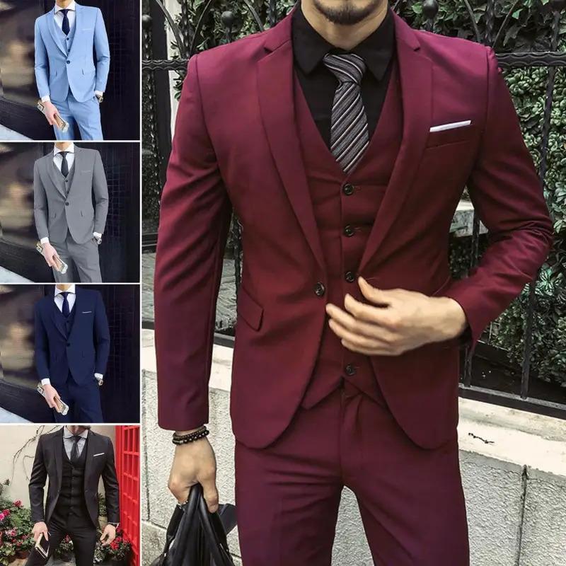 Men Three-piece Suit Elegant Men's Formal Business Suit Set with Slim Fit Coat Pants Vest Classic Groom Wedding Attire in Solid