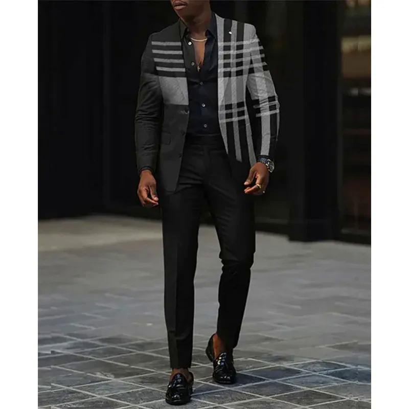 Men's Blazer Set Fashion Colorblock Plaid Lapel Collar Button Blazer & Pants 2Pcs Set Male Business Casual Prom Suit for Men