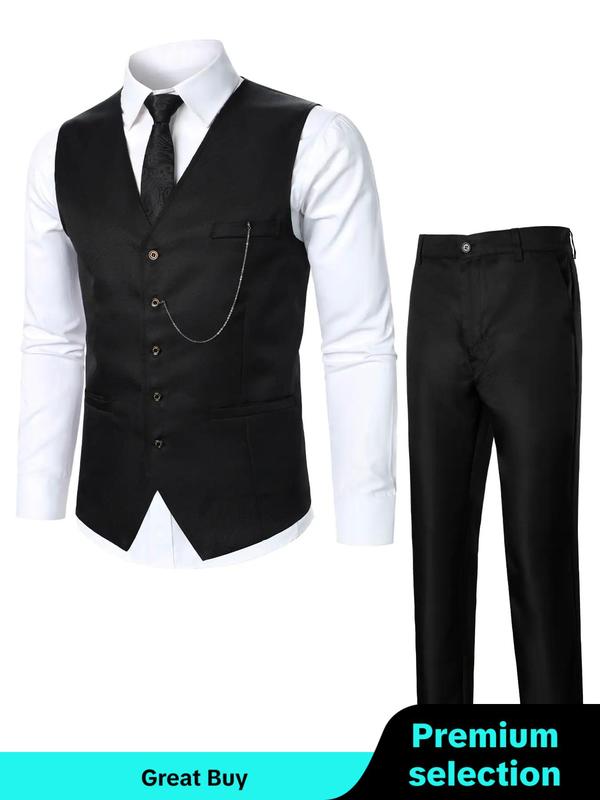 Two-Piece Set Men's Solid Button Front Suit Vest & Pocket Pants Suit Set, Chain Decor V Neck Top & Trousers, Men's Formal Outfits for Work Office Business, Fall Clothes