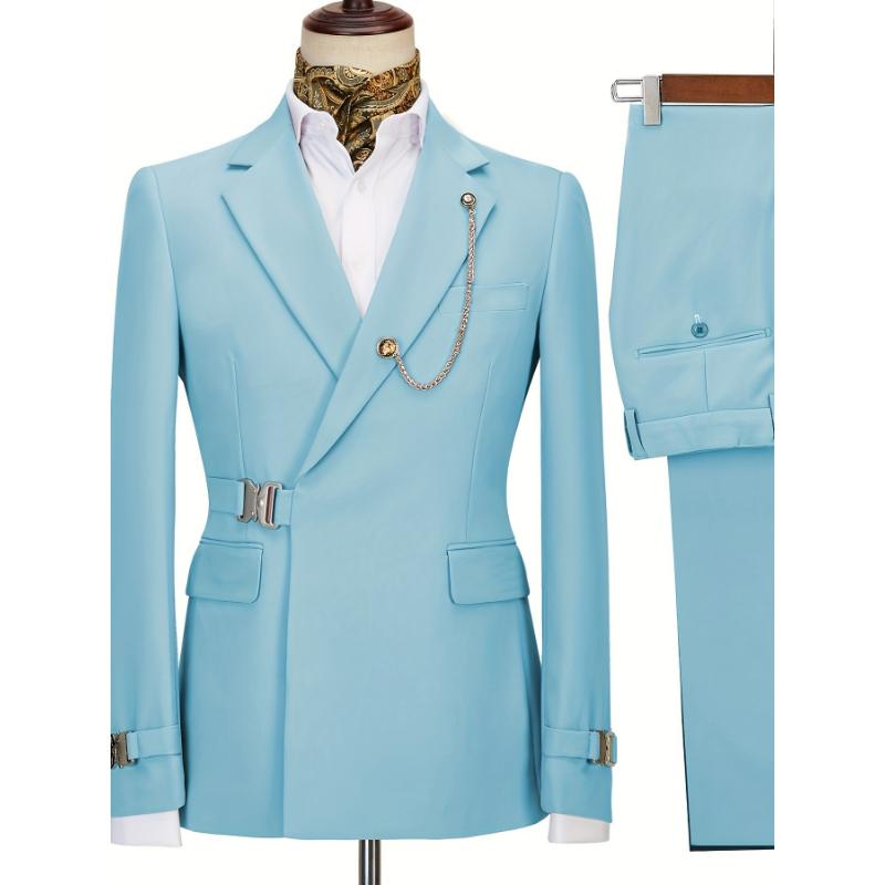 Men's Adjustable Waist Stylish 2-Pcs Suit - Perfect For Parties, Dates, And Weddings Excludes Lapel Chain Accessory