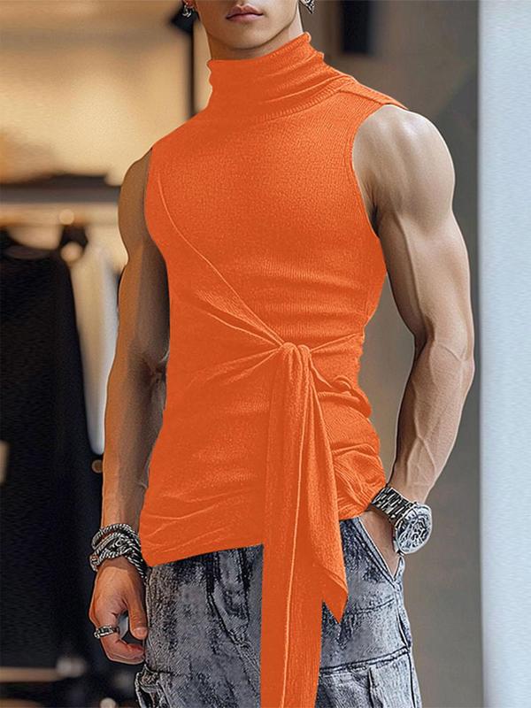 Men's Solid Knot Front High Neck Tank Top, Casual Sleeveless Top for Daily Wear, Men's Clothes for All Seasons