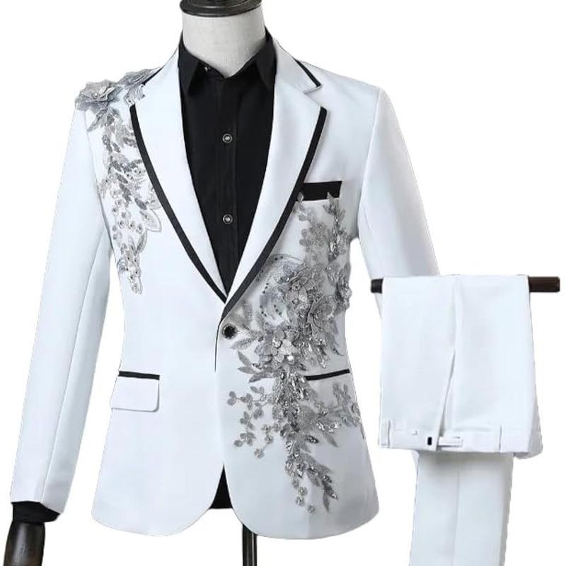 Mens 2 Pieces Luxury Embroidered Suits 1 Button Print Dinner Tuxedo Jacket Pants Prom Wedding Elegant Blazer Dress Suit