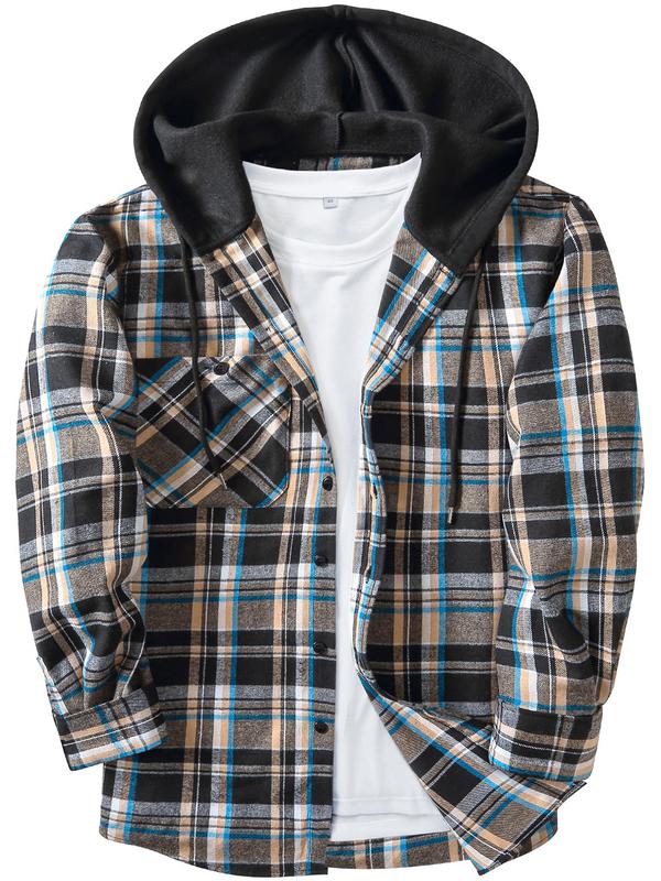 Men's Plaid Print Button Front Drawstring Hooded Shirt, Regular Fit Casual Long Sleeve Pocket Top for Spring & Fall, Men's Clothes for Daily Wear