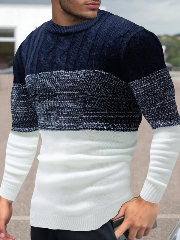 Men's Regular Fit Patchwork Round Neck Sweater, Casual Long Sleeve Crew Neck Jumper for Fall & Winter, Fashion Men's Knitwear for Daily Wear