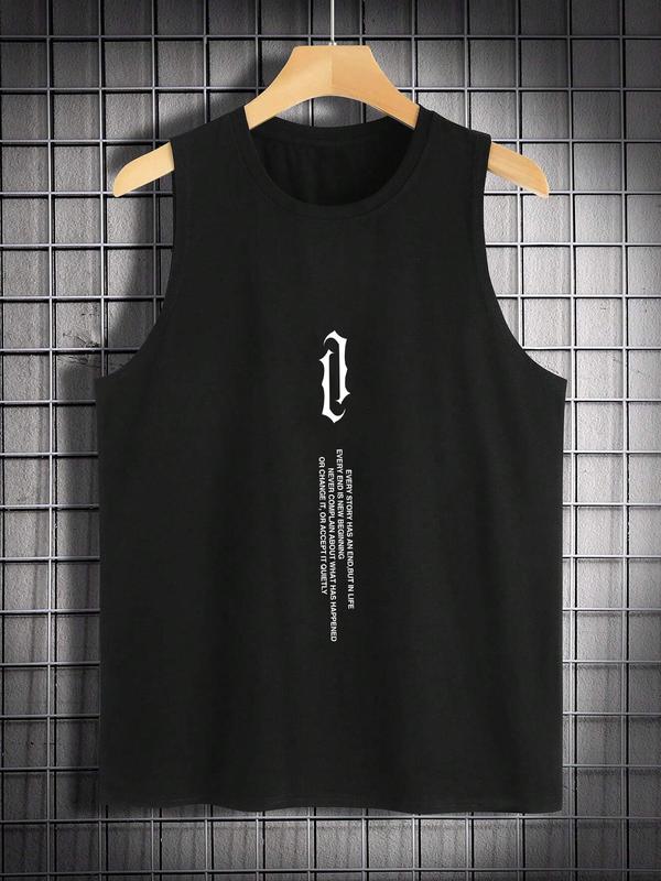 Men's Letter Print Round Neck Tank Top, Regular Fit Casual Sleeveless Crew Neck Top for Summer, Fashion Men's Top for Daily Wear