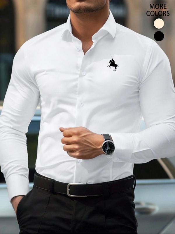 Men's Regular Fit Horse Print Long Sleeve Button Front Dress Shirt, Casual Business Collared Top for All Seasons, Men's Clothes for Daily Wear