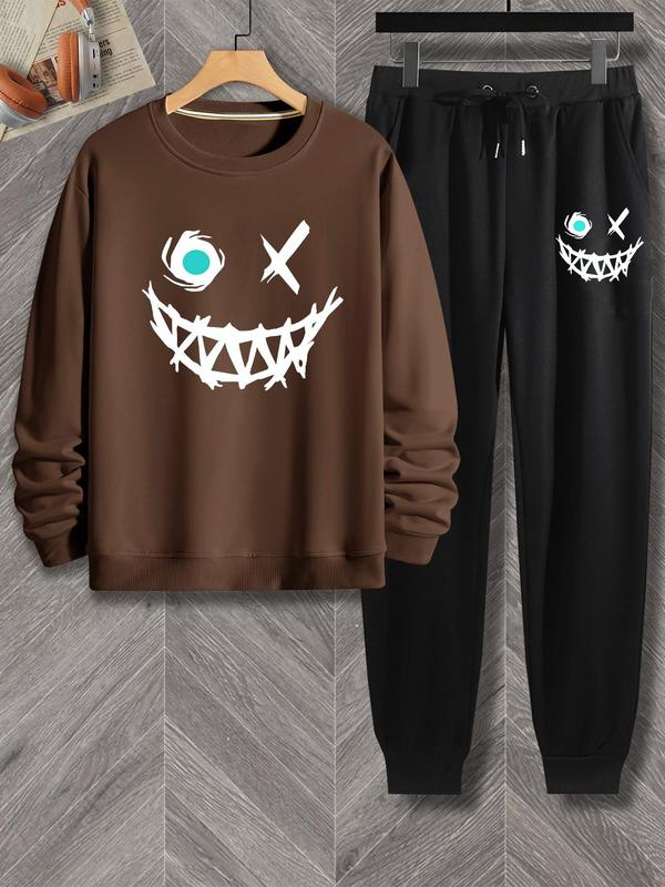 Two-piece Set Men's Cartoon Face Print Crewneck Sweatshirt & Drawstring Waist Sweatpants Set, Men's Designer Outfits Set, Regular Fit Longsleeves Top & Trousers for Fall, Streetwear, Men Back To School Clothing, Please Purchase One Size Smaller