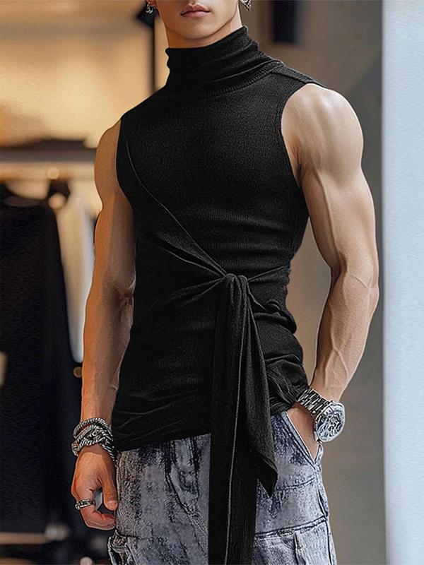 Men's Solid Knot Front High Neck Tank Top, Casual Sleeveless Top for Daily Wear, Men's Clothes for All Seasons