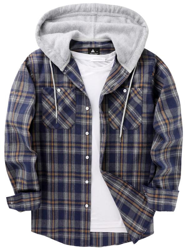 Men's Plaid Print Button Front Drawstring Hooded Shirt, Regular Fit Casual Long Sleeve Pocket Top for Spring & Fall, Men's Clothes for Daily Wear