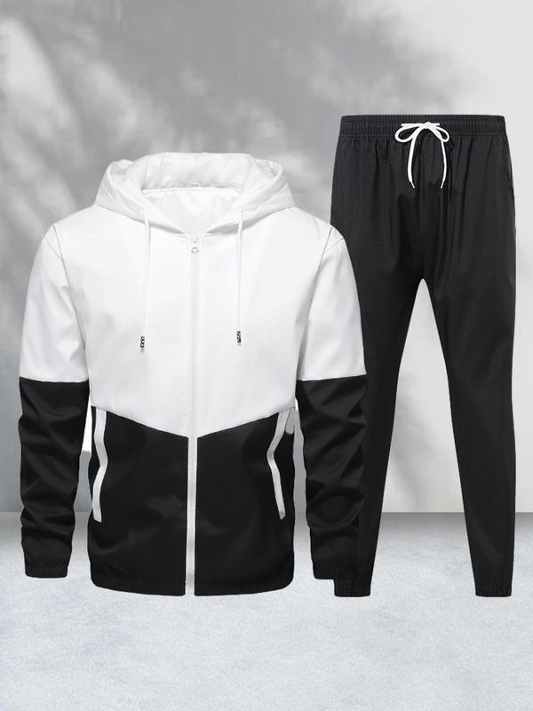 Men's Colorblock Zip Up Pocket Hoodie & Solid Drawstring Waist Pants Two-piece Set, Regular Fit Casual Long Sleeve Drawstring Hooded Sweatshirt & Pocket Trousers for Daily Wear, Men's Two-piece Outfits for All Seasons