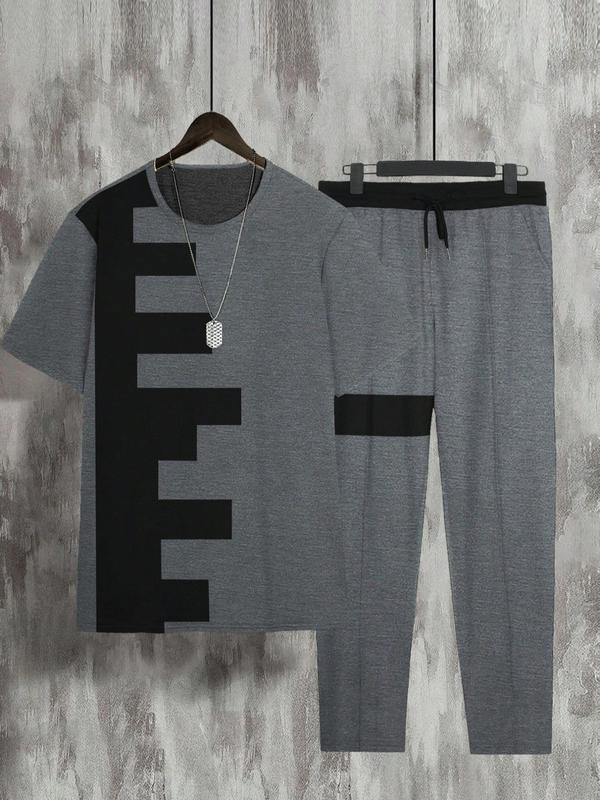 Two Counts Men's Patchwork Colorblock Print Pocket Pants Set, Casual Short Sleeve Tee & Drawstring Waist Pants, Men's 2 Piece Set, Fashion Men's Outfits For Summer