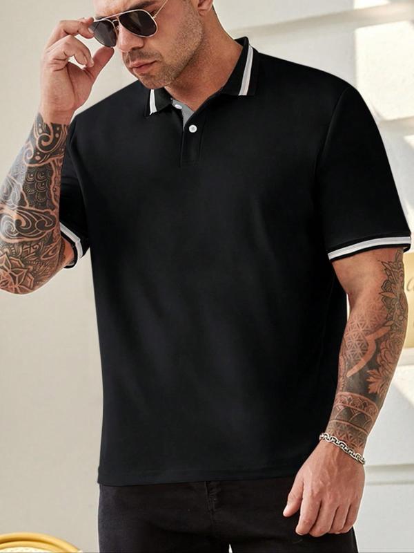  Contrast Binding Short Sleeve Polo Shirt, Regular Fit Casual Button Front Collared Top for Summer, Men's Clothes for Daily Wear