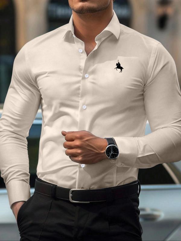 Men's Regular Fit Horse Print Long Sleeve Button Front Dress Shirt, Casual Business Collared Top for All Seasons, Men's Clothes for Daily Wear