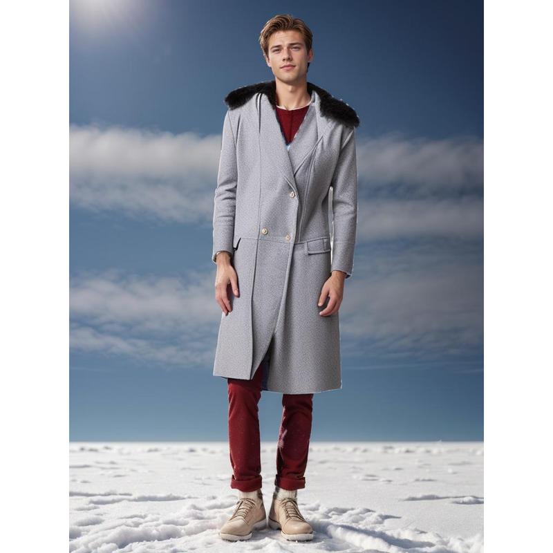 [Multicolor] Upgraded Version Casual Woolen Coat Solid Color Slim Double Breasted Men's Coat Fur Collar