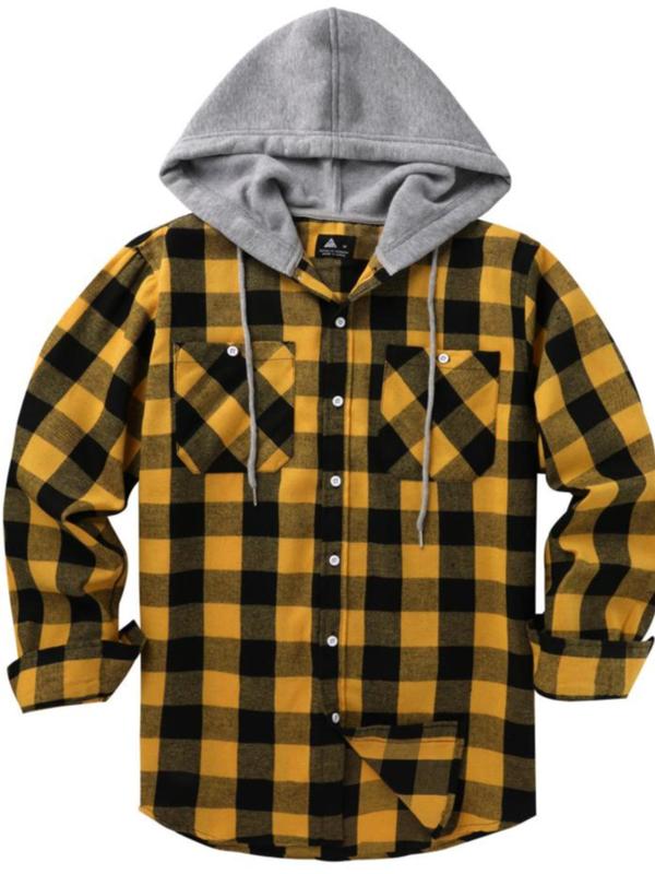 Men's Plaid Print Button Front Drawstring Hooded Shirt, Regular Fit Casual Long Sleeve Pocket Top for Spring & Fall, Men's Clothes for Daily Wear