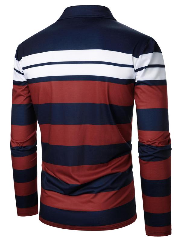 Men's Colorblock Striped Print Polo Shirt, Regular Fit Casual Long Sleeve Button Front Top for All Seasons, Fashion Men's Clothes for Daily Wear