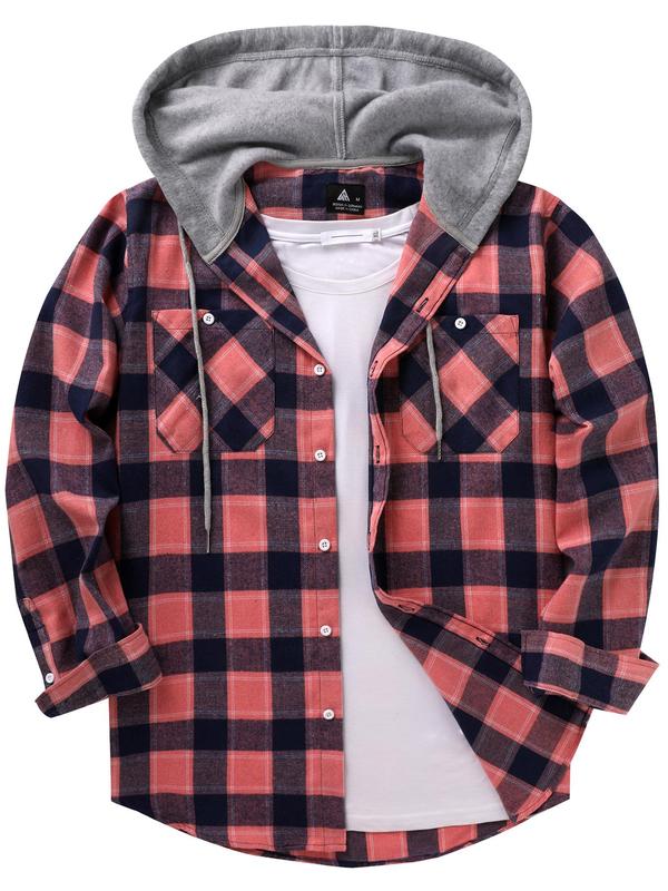 Men's Plaid Print Button Front Drawstring Hooded Shirt, Regular Fit Casual Long Sleeve Pocket Top for Spring & Fall, Men's Clothes for Daily Wear