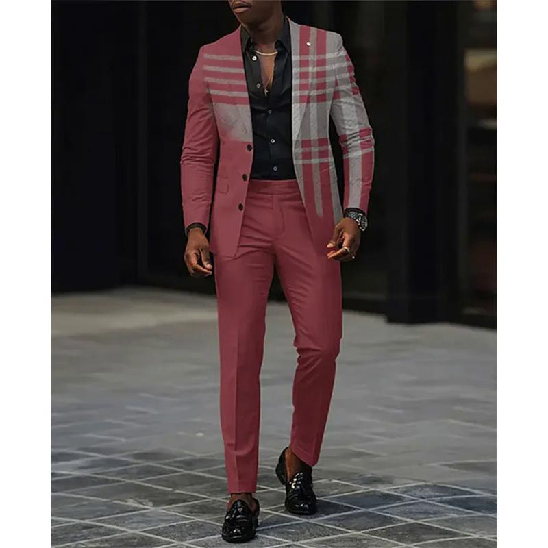 Men's Blazer Set Fashion Colorblock Plaid Lapel Collar Button Blazer & Pants 2Pcs Set Male Business Casual Prom Suit for Men