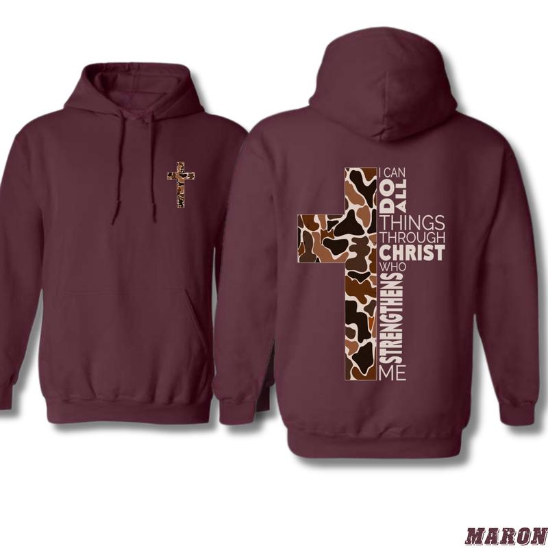 Christian Hoodie - Camo Cross Design with Philippians 4:13 Verse, Perfect for Faithful Believers and Outdoorsmen, Cozy Hoodie for Everyday Comfort and Spiritual Strength