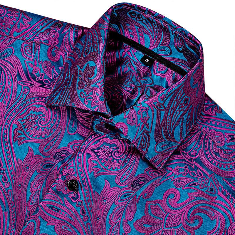 Self-Design Men's Luxury Formal Casual Dark Purple Long Sleeve Dress Shirt Paisley Floral Printed Button Down Shirts for Party Prom