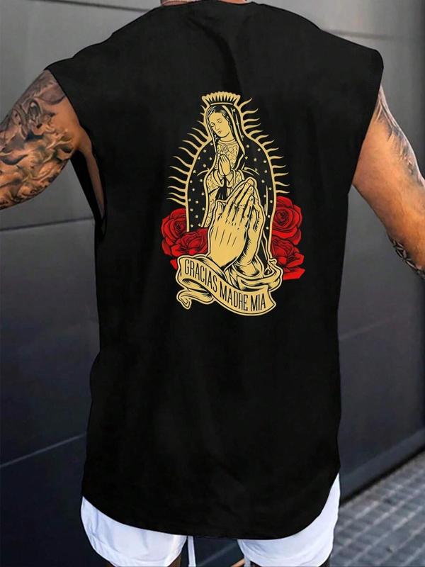 Men's Letter & Virgin Mary & Rose Print Round Neck Tank Top, Regular Fit Casual Sleeveless Graphic Vest for Summer, Fashion Men's Top for Daily Wear