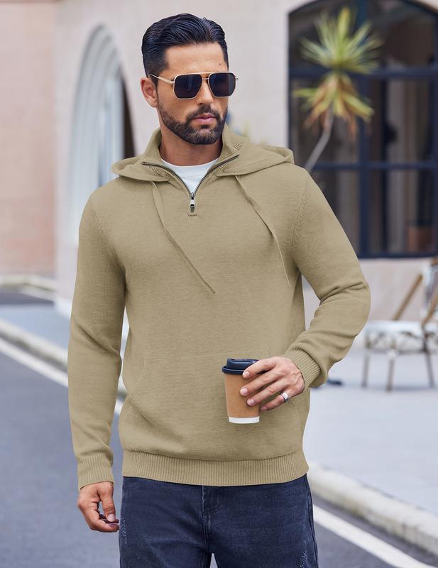 COOFANDY Mens Knitted Hoodie Sweater Long Sleeve Turtleneck Quarter Zip Pullover Sweaters with Pocket