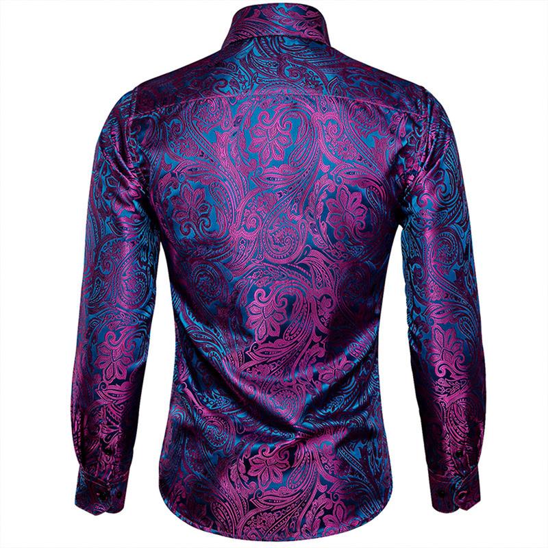 Self-Design Men's Luxury Formal Casual Dark Purple Long Sleeve Dress Shirt Paisley Floral Printed Button Down Shirts for Party Prom